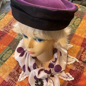 Vintage 1960 Worthington Purple and Black Women's Beret Roll Stewardess Hat